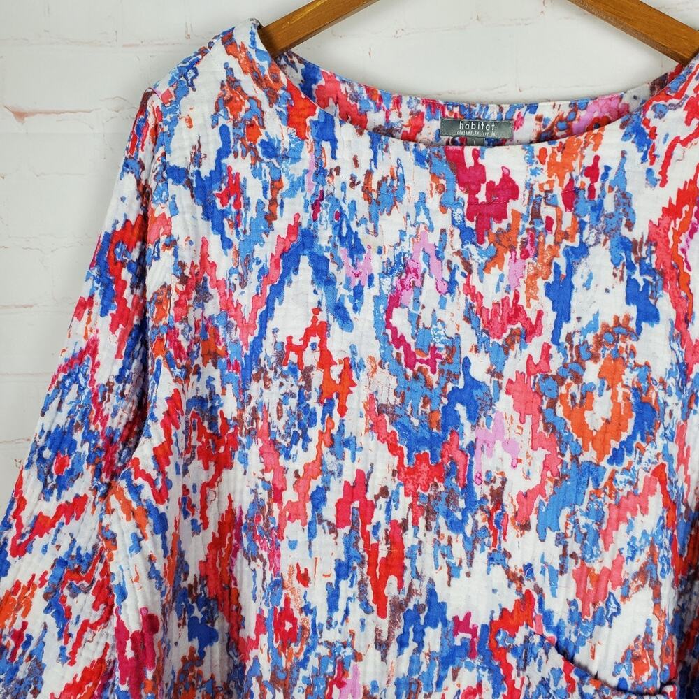 Habitat Seaside Double Cloth Gauze Pullover Top Lg 3/4 Sleeve Ikat Red Pink Blue - Picture 6 of 12